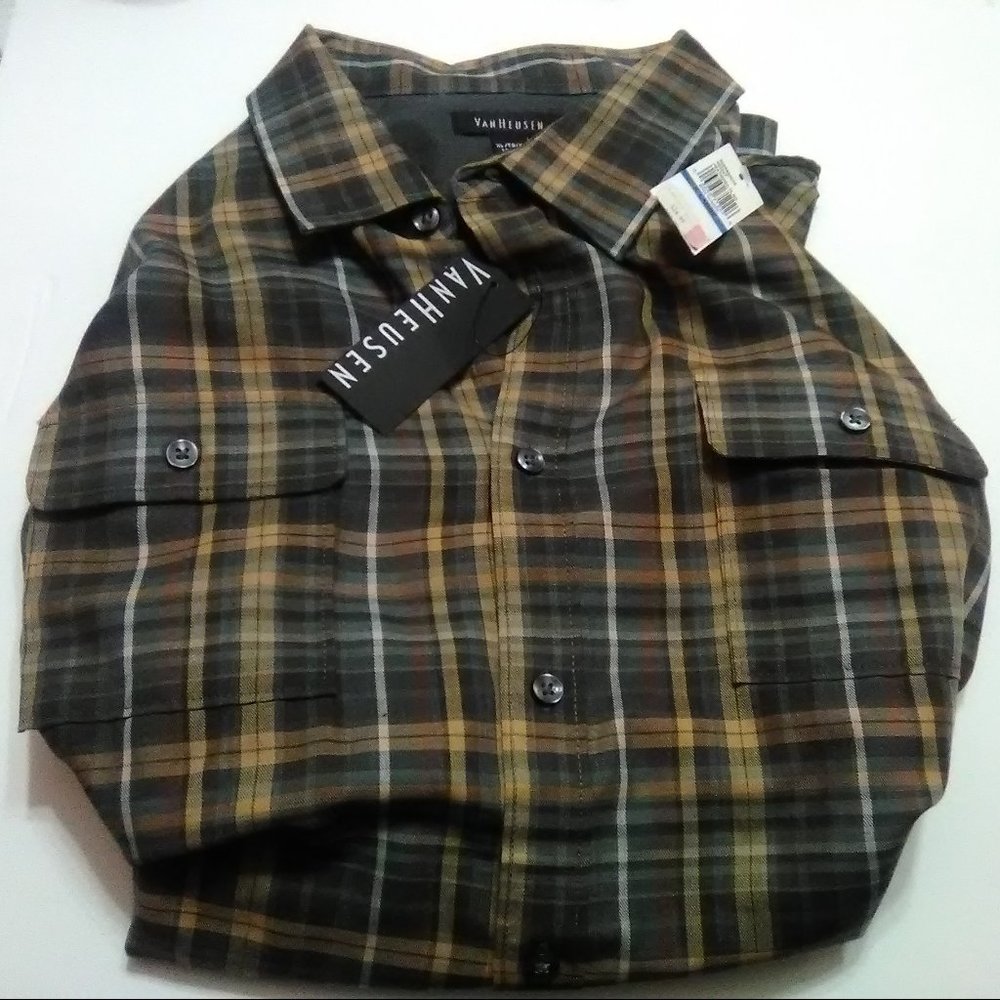 Mens Van Heusen Plaid Long Sleeve Brown XL